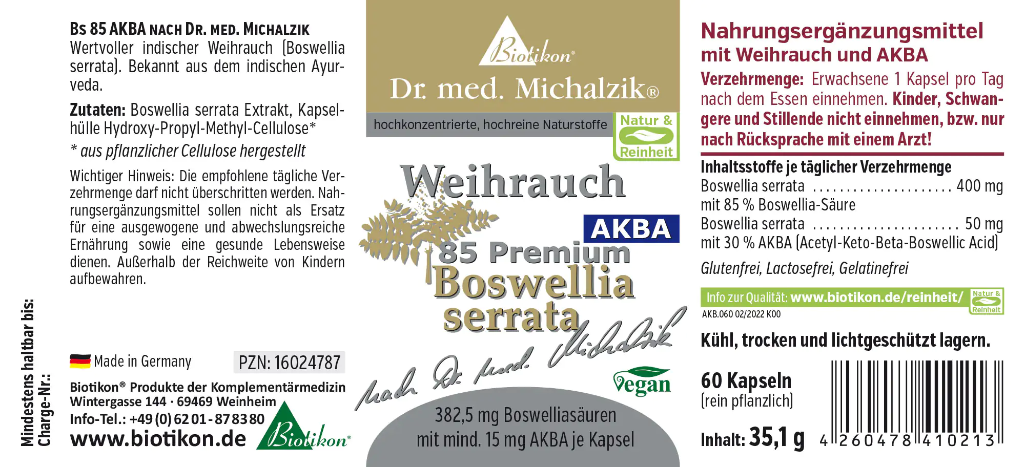 60 Kapseln mit 382,5 mg Boswelliasäuren, vegan, in hellbrauner Verpackung.