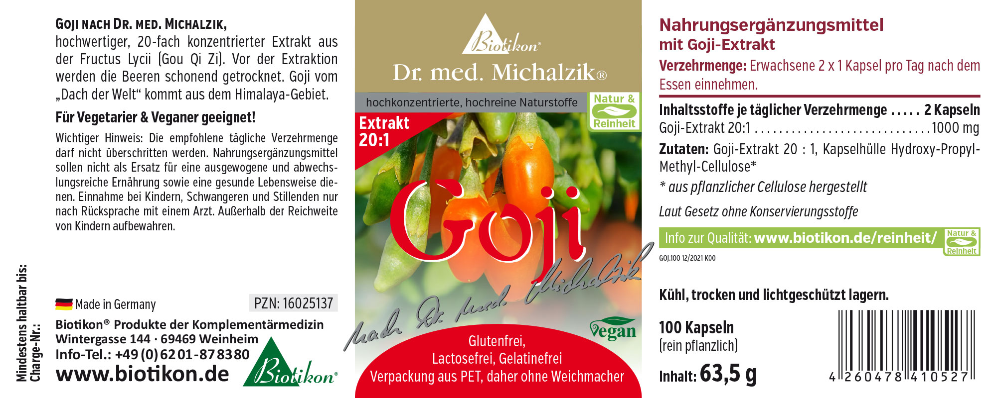 Goji Extrakt in Kapseln, 100 Stück, vegan, rot, Verpackung aus PET.