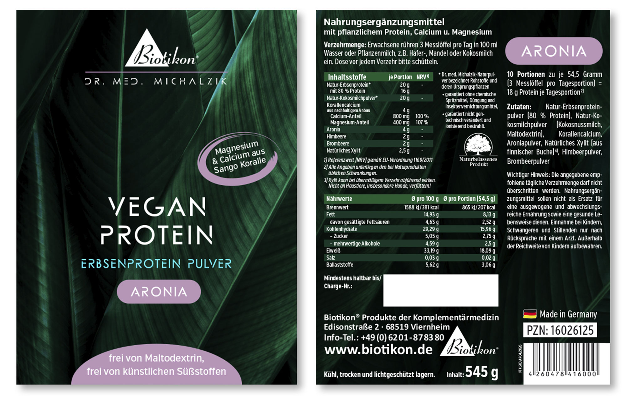 Pflanzenprotein-Pulver Aronia – 545 g Pflanzenprotein-Pulver in Kombination mit Aronia, Beerenmix, 545 g Verpackung, violett-weißer Design.