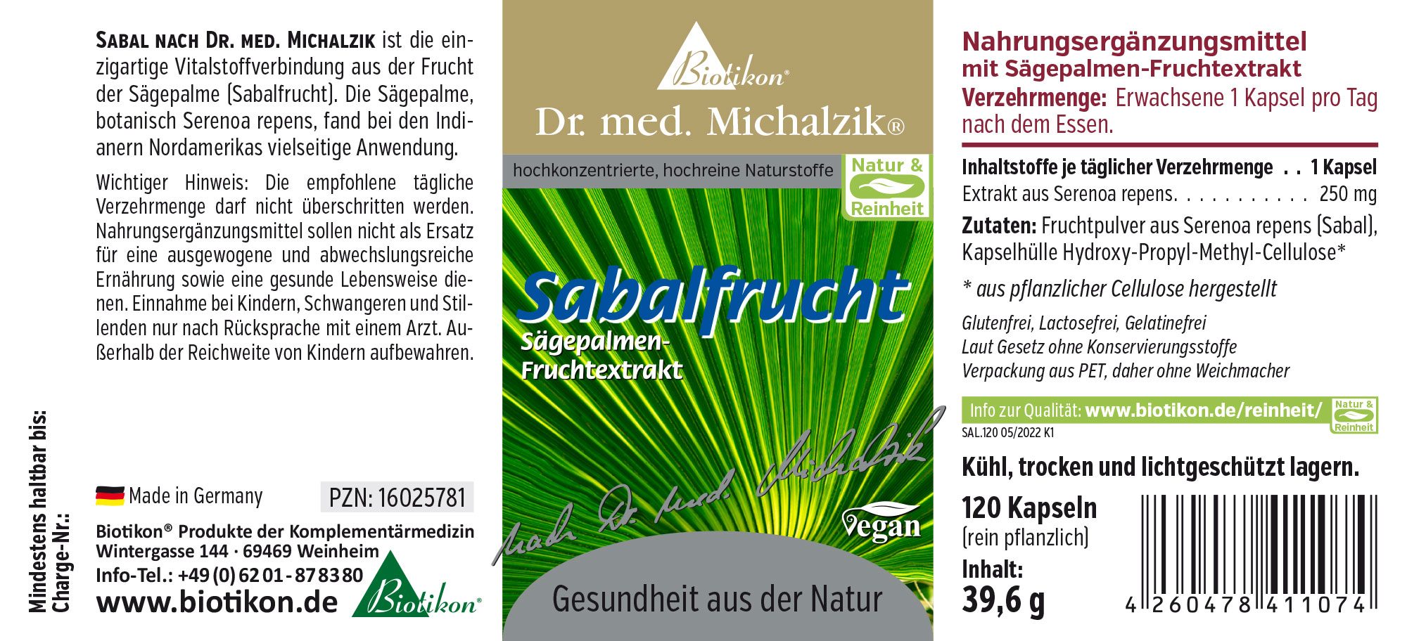 Nahrungsergänzungsmittel mit Sägepalmen-Fruchtextrakt, 120 vegane Kapseln in grünlicher Verpackung.