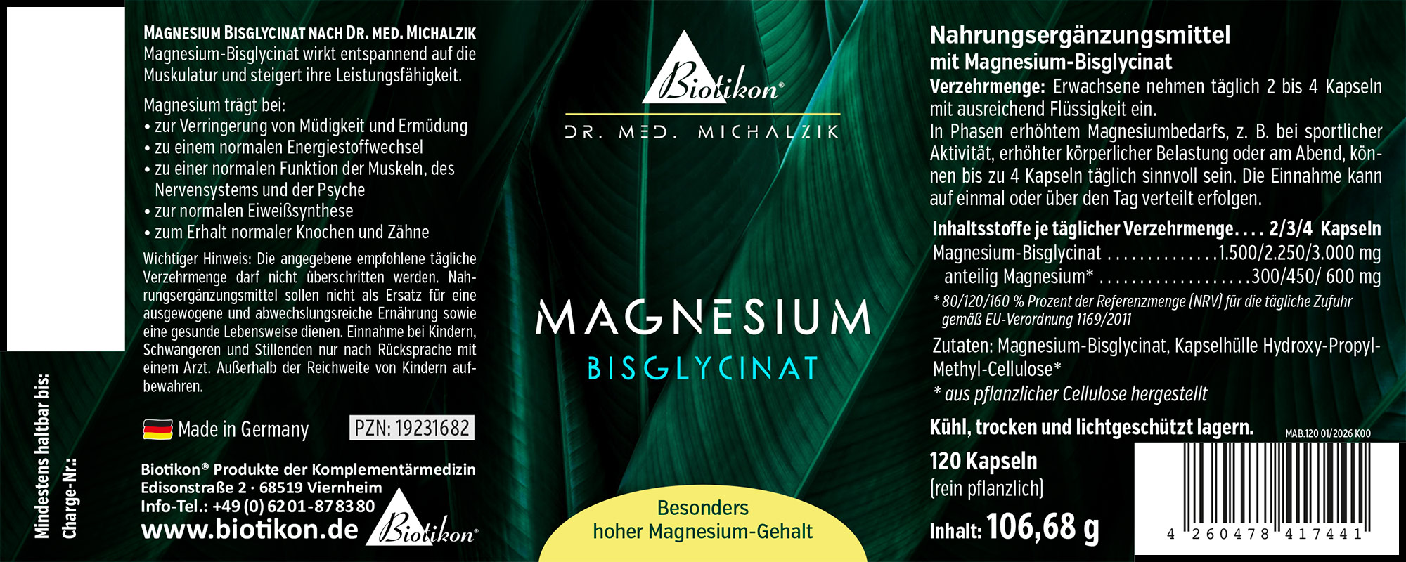 120 Kapseln von Magnesium-Bisglycinat, grüne Verpackung, Vorderansicht, pflanzlich.