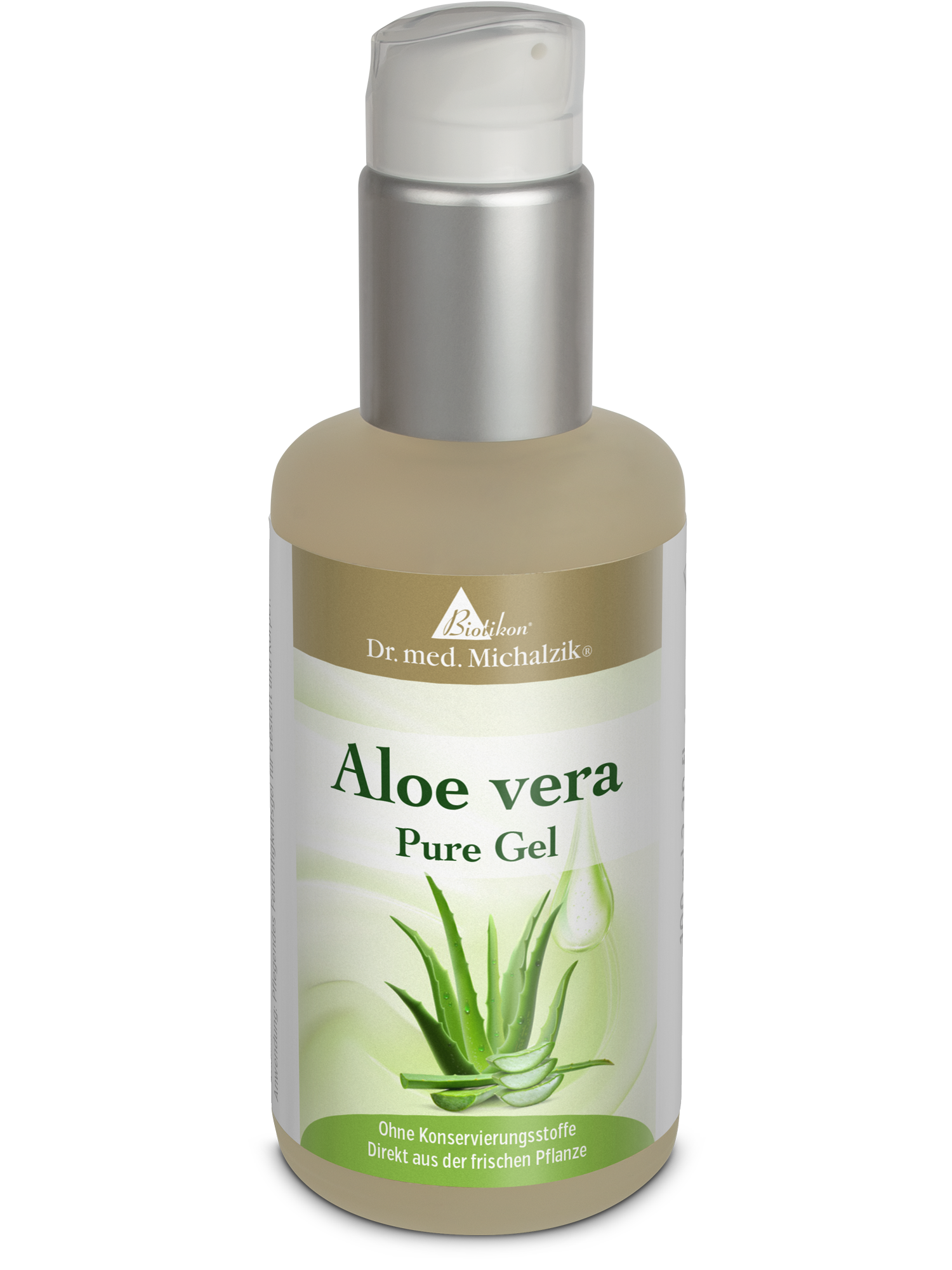 Aloe Vera Pure Gel in einer 100 ml Flasche mit Pumpspender, transparente und grüne Verpackung.