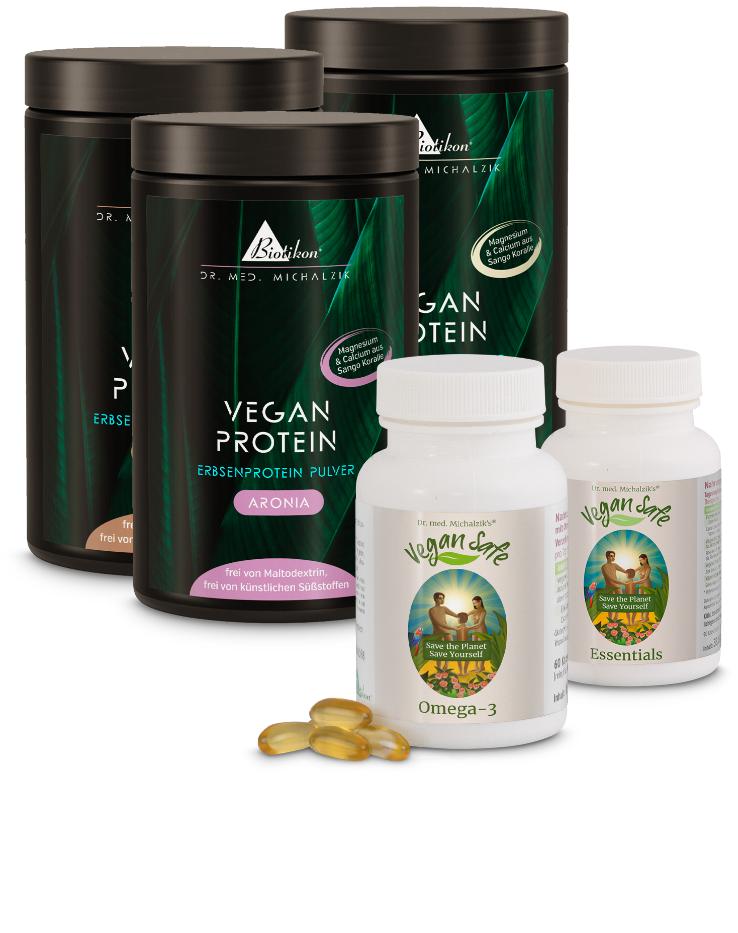 Vier Behälter mit Pflanzenprotein-Pulver in unterschiedlichen Farben und Aufschriften, sowie Omega-3-Kapseln und Essenzen, auf weißem Hintergrund.