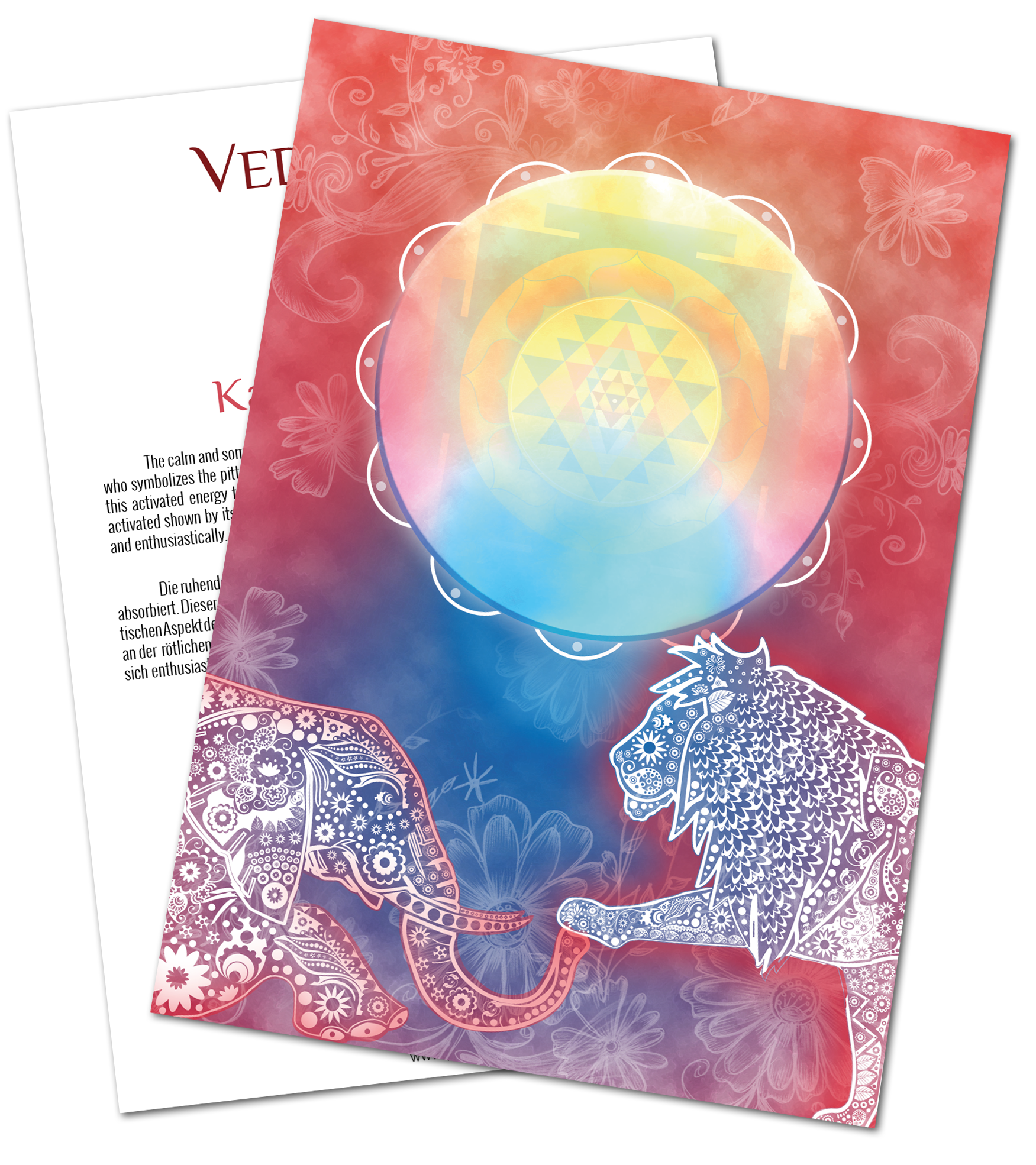 Gestaltete Mandala-Karte im A4-Format, farbig mit Elefant und Löwen, Papier mit floralem Muster.