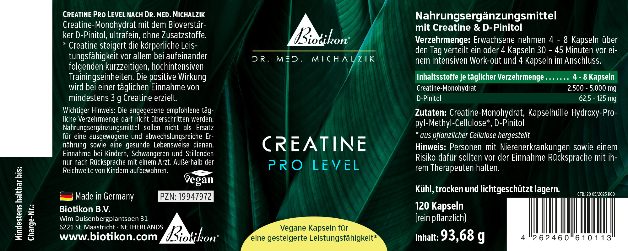 Vegane Kapseln mit Creatin-Monohydrat und D-Pinitol, 120 Stück in schwarzer Verpackung, Vorderansicht.