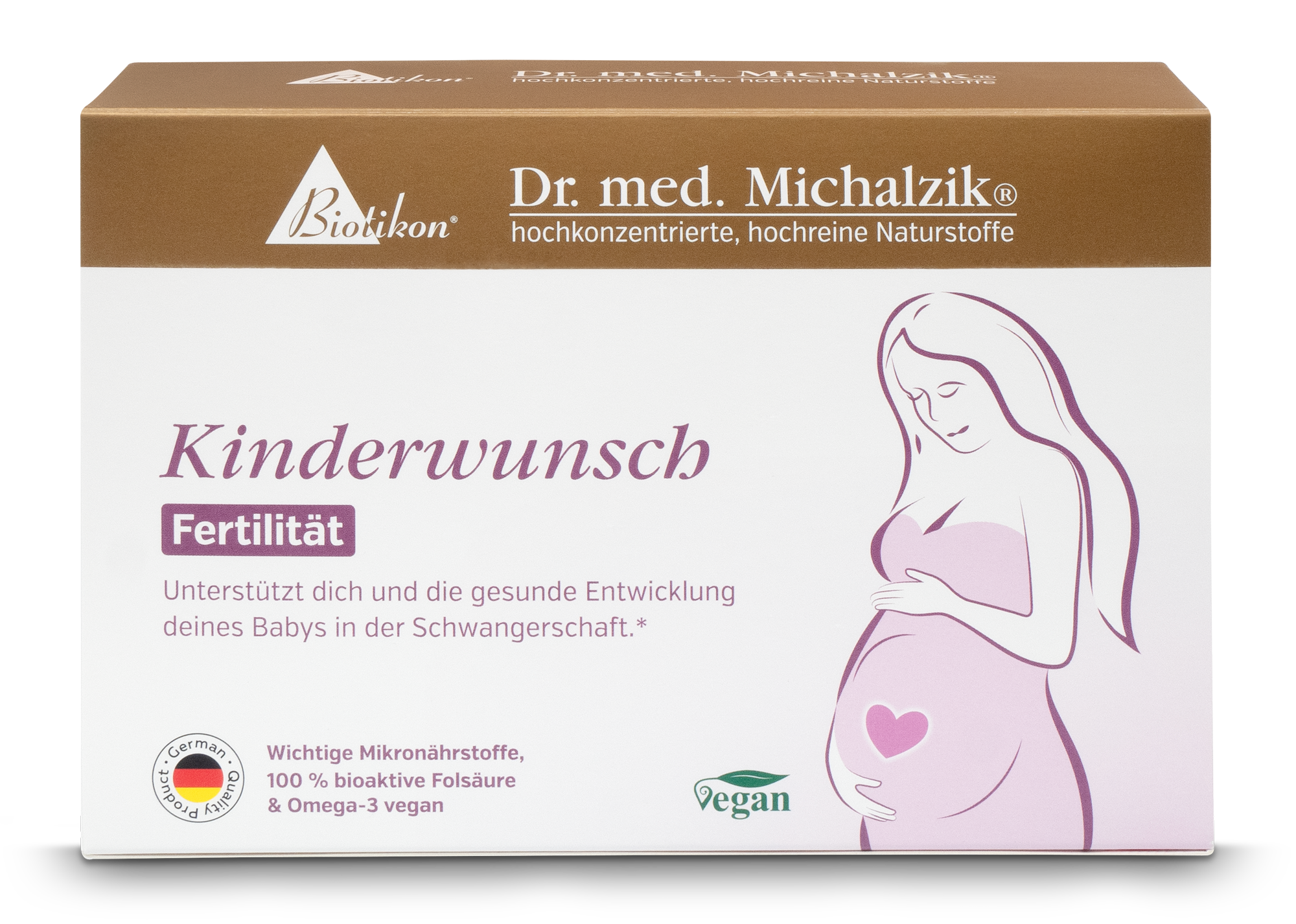 Paket von Kinderwunsch Fertilität, 30 Kapseln, vegan, Verpackungsdesign mit schwangere Frau auf der Vorderseite.
