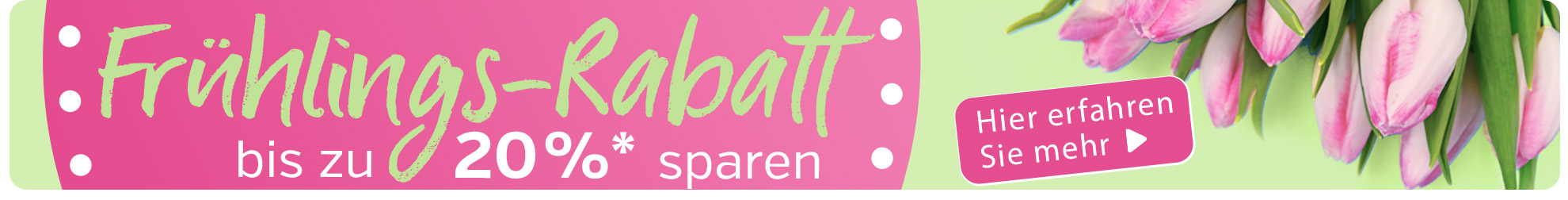 Buntes Werbebanner mit Frühlings-Rabatt, pinke Schrift, Tulpen und Hinweis auf digitalen Rabatt.