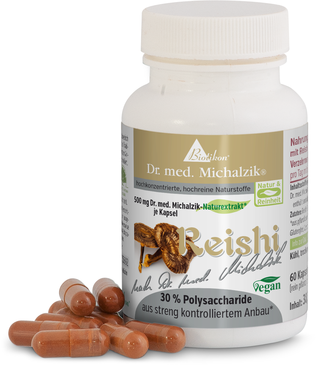 Reishi-Kapseln in transparentem Behälter, 500 mg pro Kapsel, 60 Kapseln, braune Kapseln auf weißem Hintergrund.