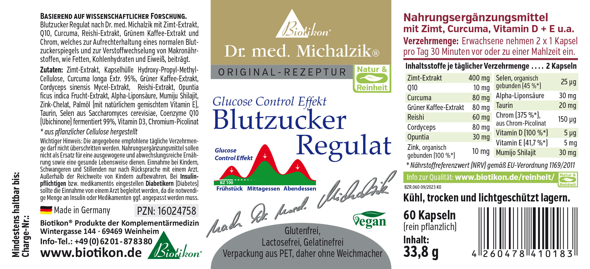 Nahrungsergänzungsmittel Blutzucker Regulat in PET-Verpackung, 60 Kapseln, grünliche Farbgestaltung, seitliche Ansicht.