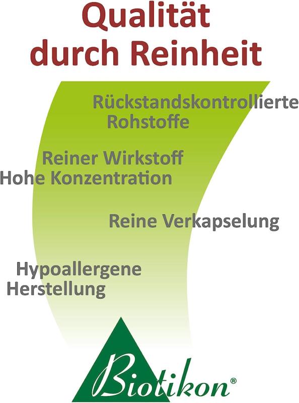 Grafik mit Qualitätshinweisen, grüne Kurve, Schriftzüge zu Rohstoffen und Herstellung, Biotikon Logo