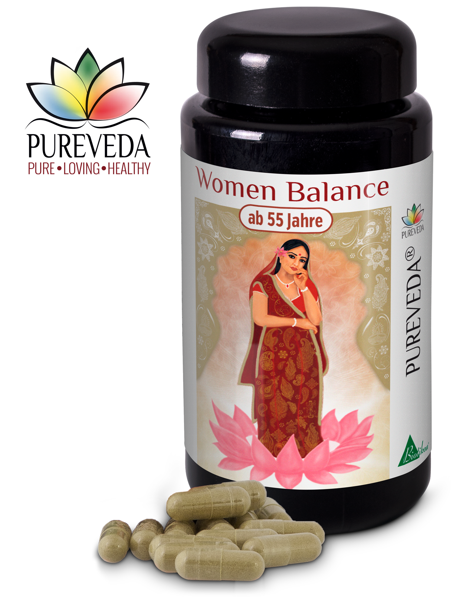Dunkelglasflasche mit 'Women Balance' Kapseln für Frauen ab 55 Jahren, beige Kapseln außen liegend.