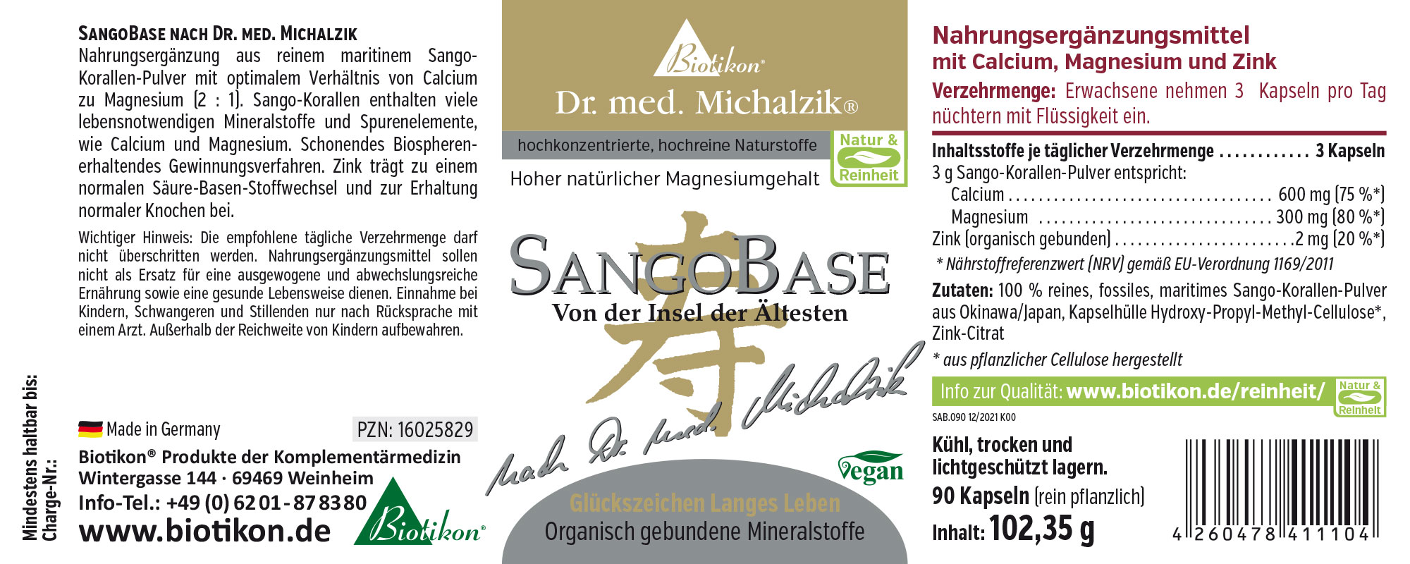 Nahrungsergänzungsmittel aus Sango-Korallen-Pulver mit Calcium und Magnesium, 90 Kapseln in einer blauen Verpackung.