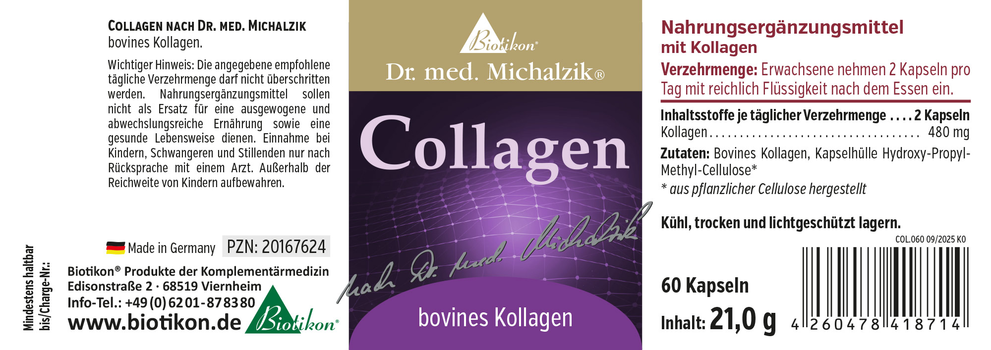 Nahrungsergänzungsmittel Kollagen, 60 Kapseln, lila Verpackung, Ansicht von vorne.