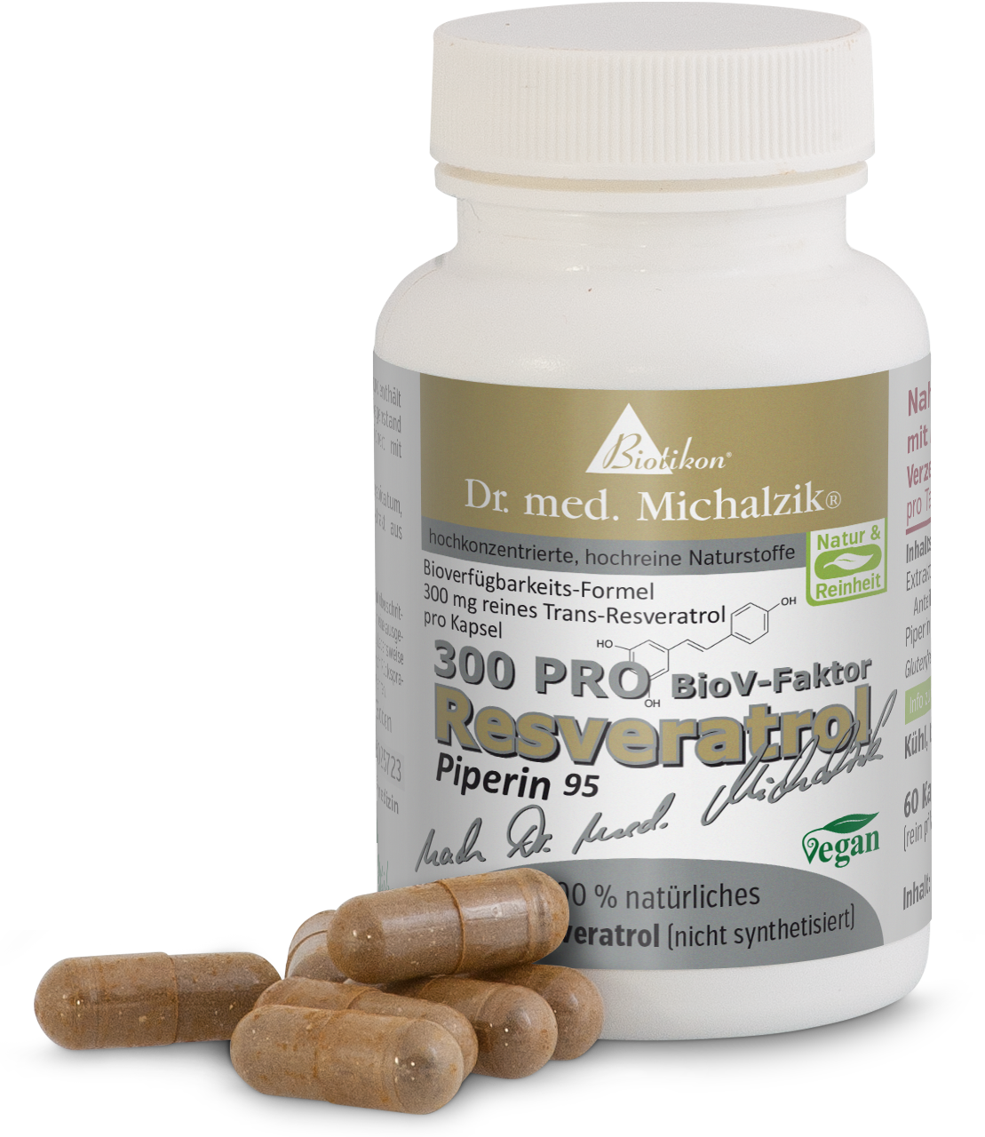 Flasche mit 60 Kapseln, beige Kapseln auf dem Tisch, vegan, mit verkaufsfördernder Grafik.