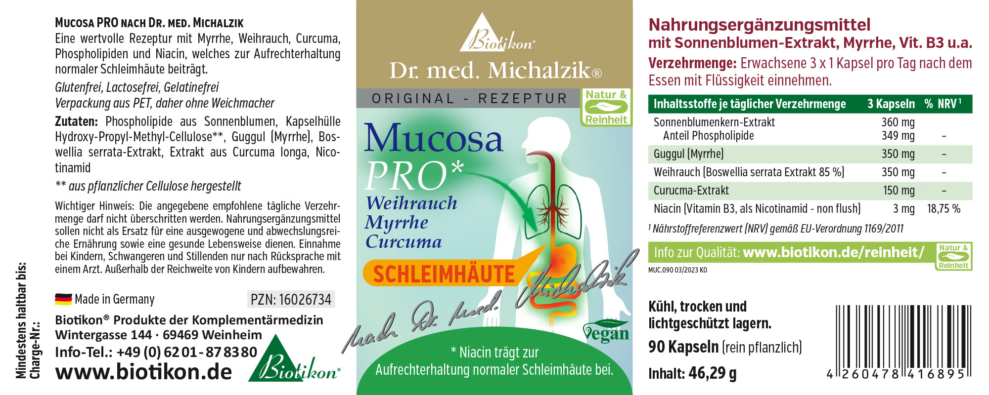 Nahrungsergänzungsmittel in PET-Verpackung, 90 vegane Kapseln, grün-weiße Etikettierung.