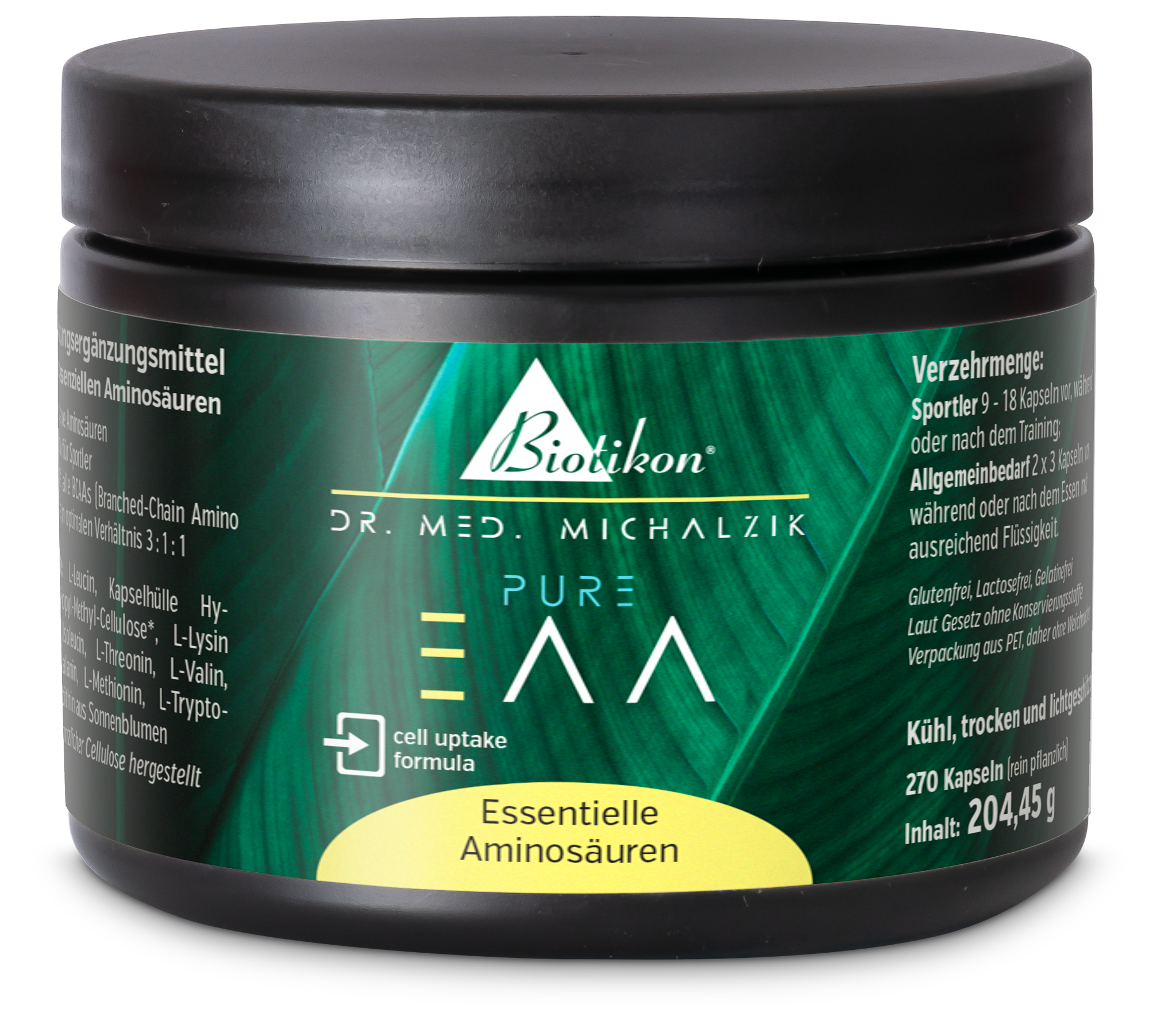 Essentielle Aminosäuren – 270 Kapseln Dose mit 270 Kapseln essentieller Aminosäuren, grüne Verpackung, Vorderansicht.