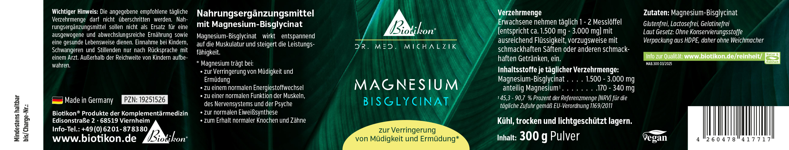 Magnesium-Bisglycinat Nahrungsergänzungsmittel, 300 g Pulver in dunkler Verpackung, vegan und ohne Zusatzstoffe.