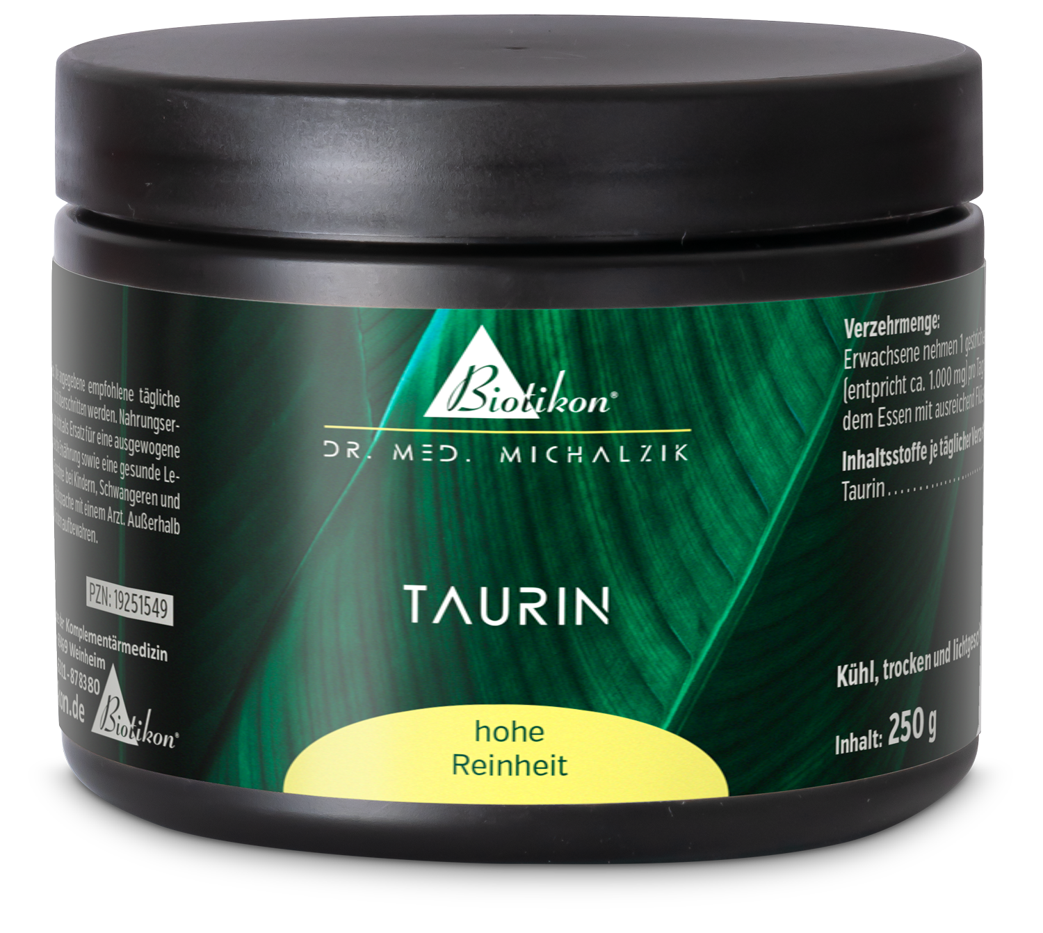 Taurin 250 g – Pulver Taurin-Pulver in schwarzer Dose, 250 g, mit grüner Verpackung und gelbem Etikett.