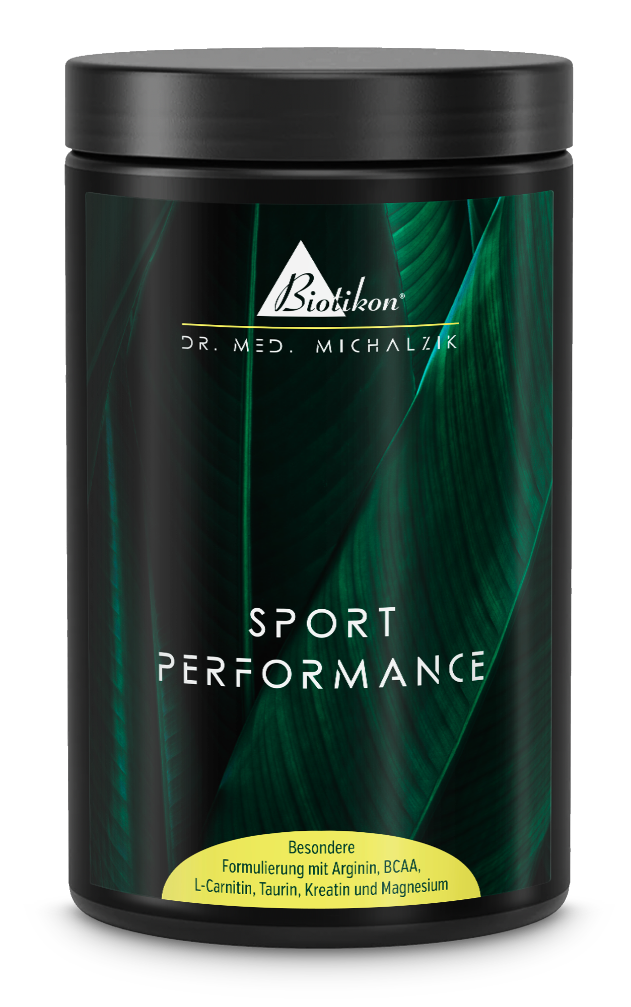 Sport Performance Pulver in schwarzer Dose mit grüner Verpackung, zeigt besondere Formulierung.