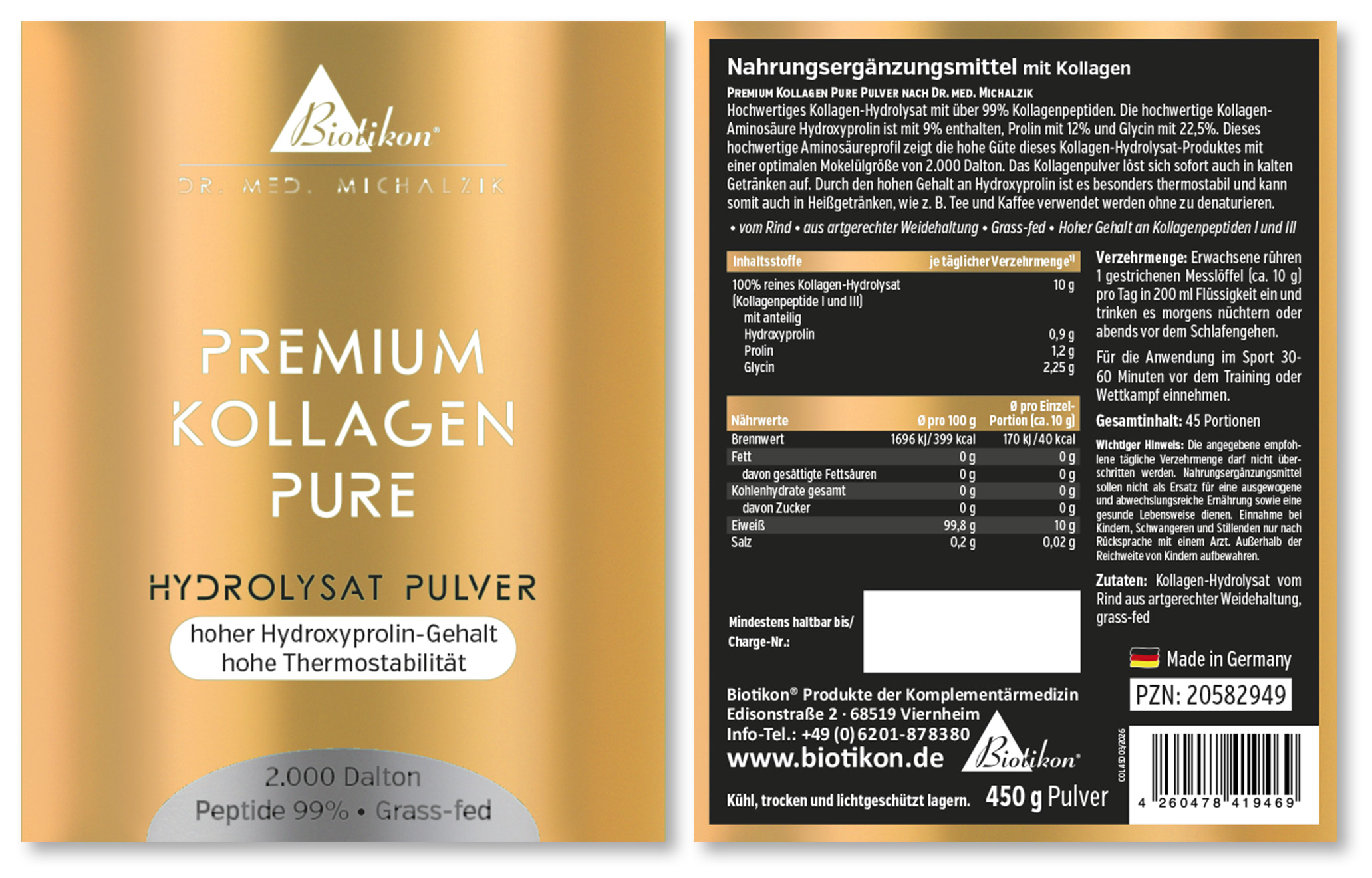 Premium Kollagen Hydrolysat Pulver Abbildung des Etiketts Vorder- und Rückseite