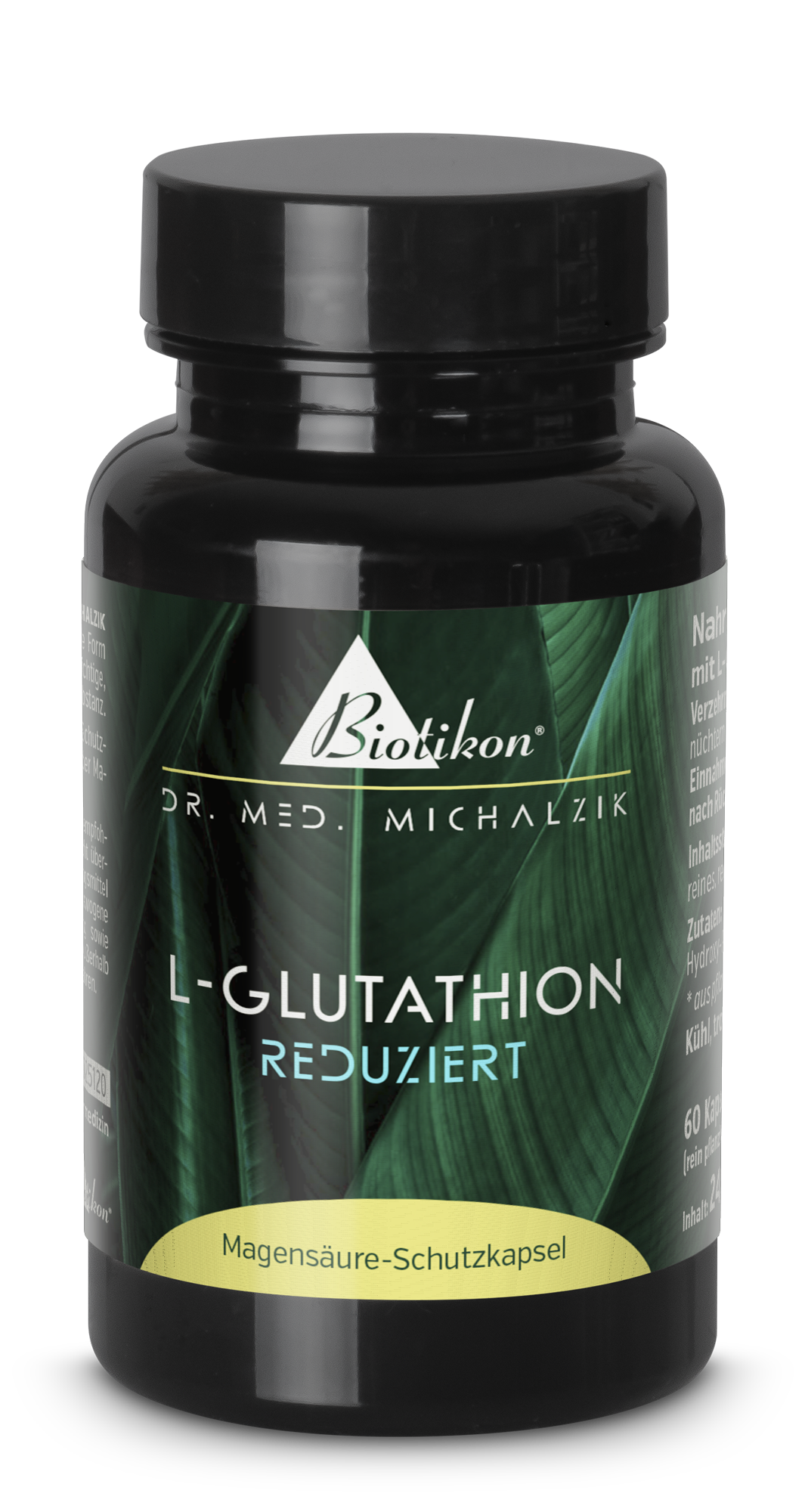 Blaues Kunststoffbehälter mit L-Glutathion Kapseln, 60 Stück, glutenfrei, vegane Kapseln, Vorderansicht.