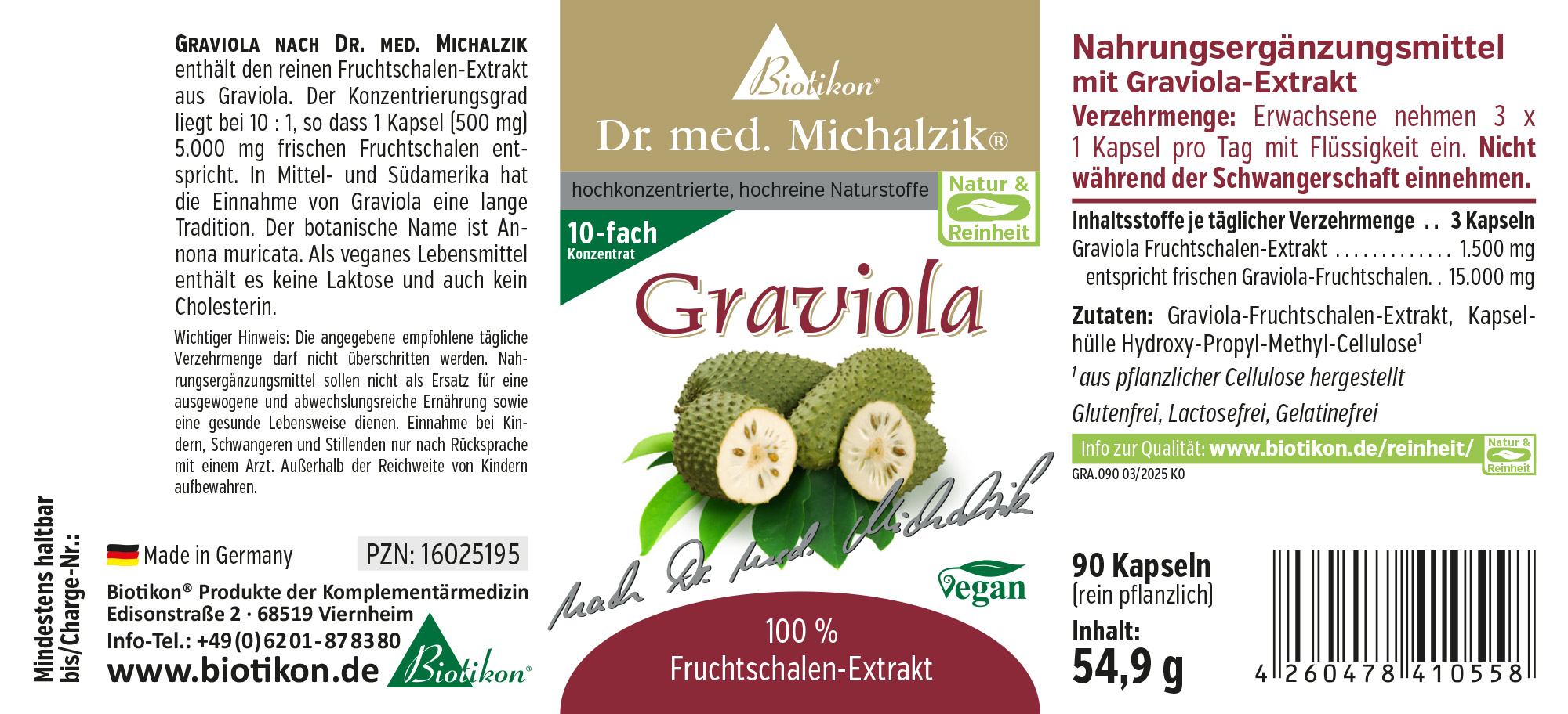 Graviola Kapseln, 90 Stück, 500 mg Fruchtansatz, braune Verpackung, Seitansicht
