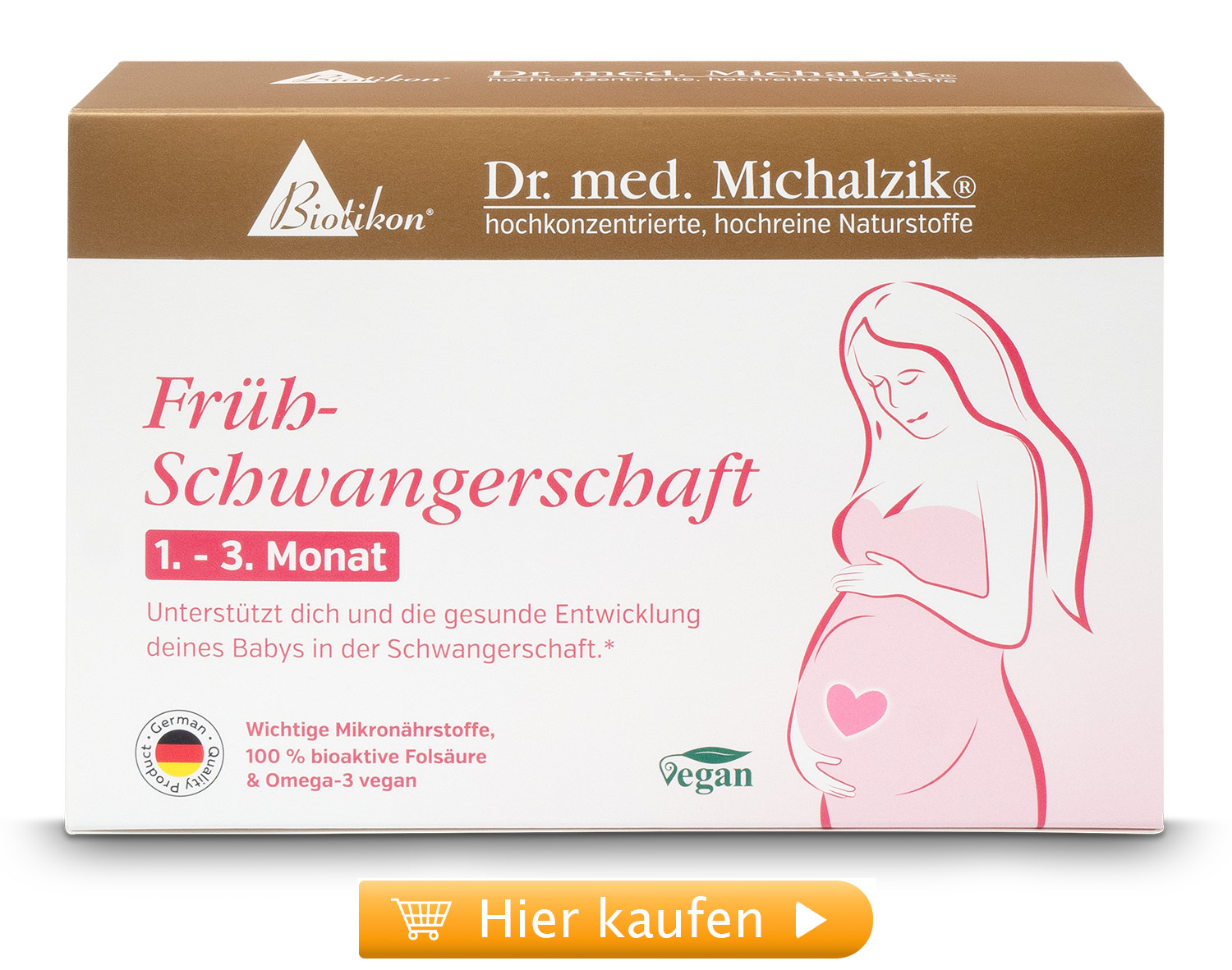 Frühschwangerschaft 1-3 Monat – Kapseln Verpackung von Nahrungsergänzungsmittel für Schwangere, vegetarisch, 1-3 Monat, rosa Design.