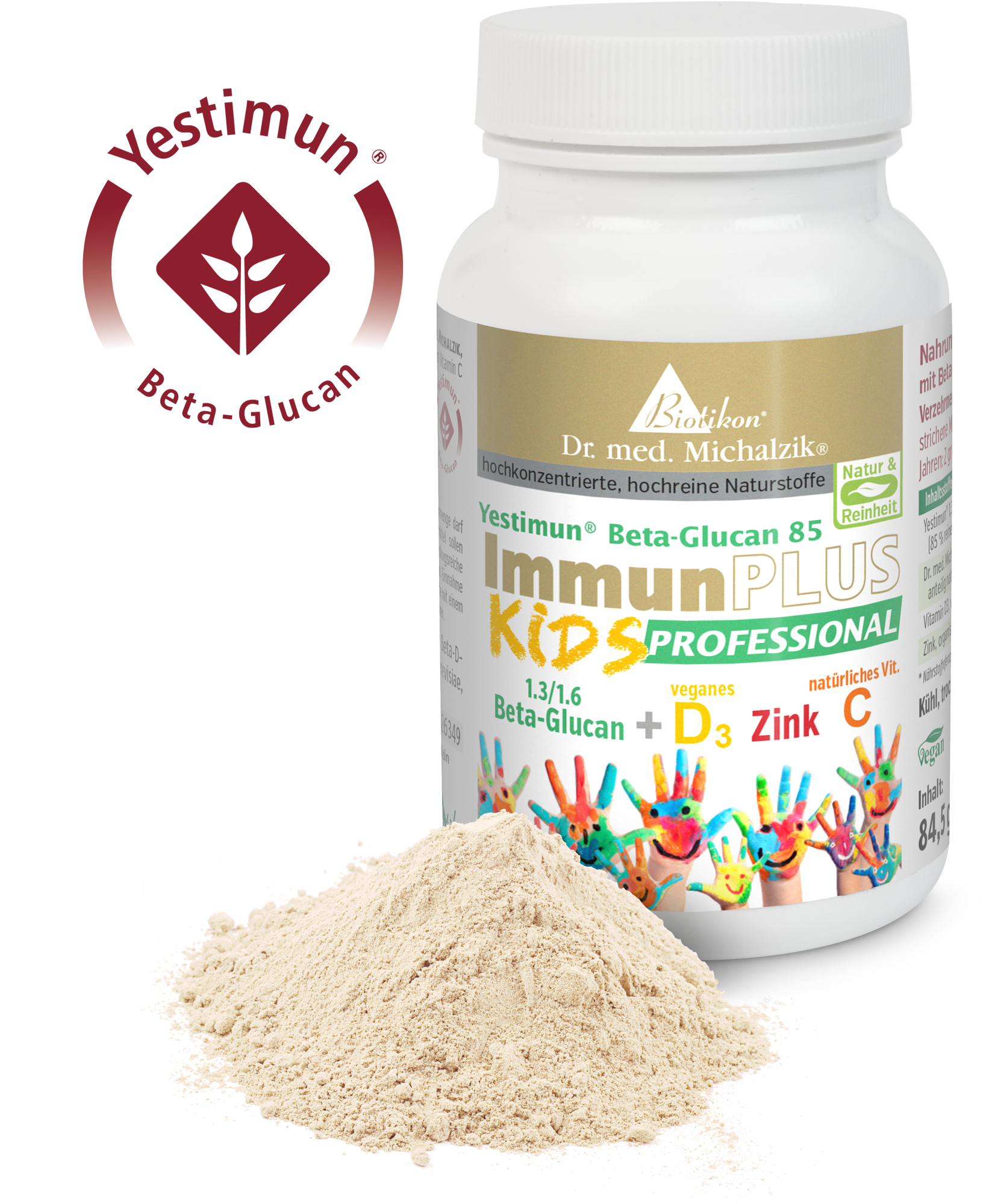 Beta-Glucan 1.3/1.6 Pulver in einem weißen Behälter, 84 g, mit bunten Kindermotiven auf der Verpackung und einem Haufen des Pulvers in der Vordergrund.