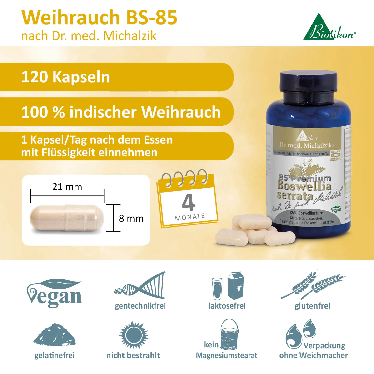Weihrauch BS-85 in blauer Verpackung, 120 Kapseln, vegan, genfrei, laktosefrei, glutenfrei.