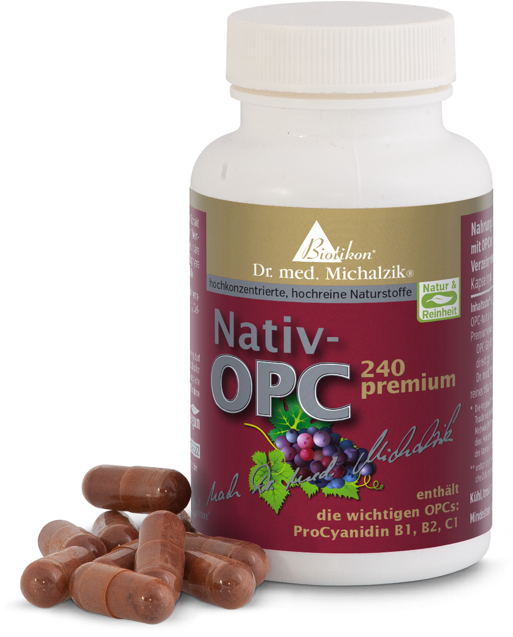 Nativ-OPC Kapseln in brauner Farbe, 240 Stück in einer rot-weißen Verpackung.