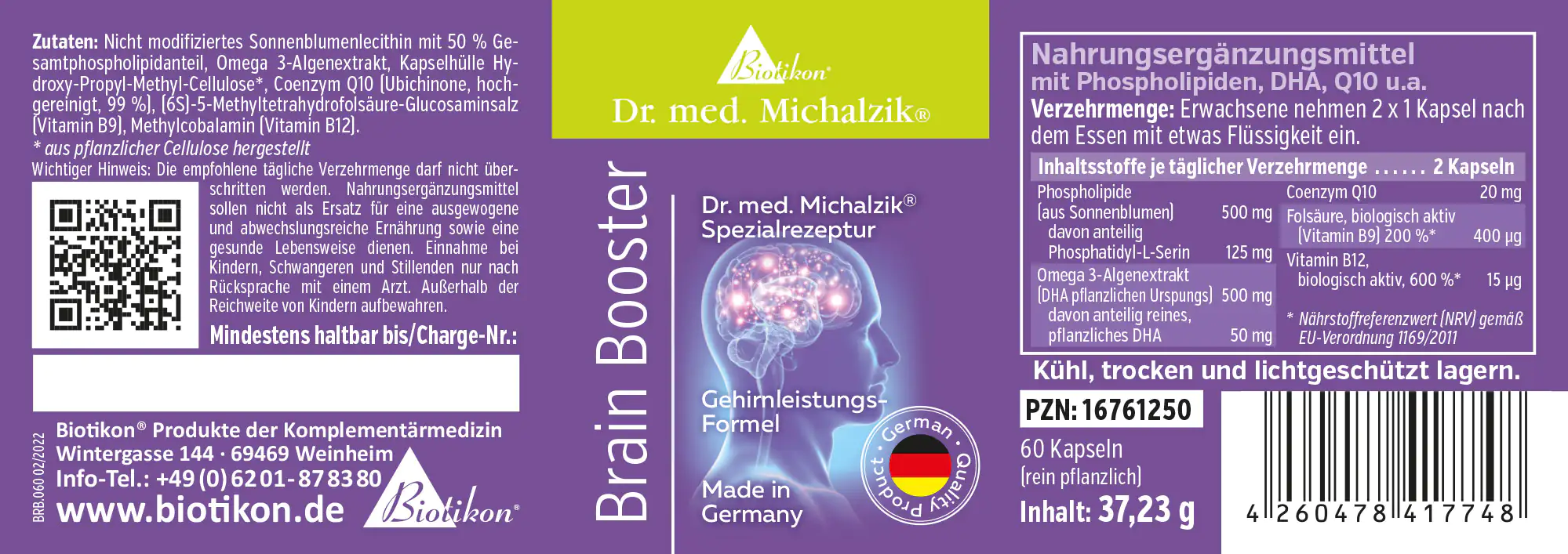 Nahrungsergänzungsmittel Brain Booster in lila Verpackung, 60 Kapseln, pflanzlich, mit Phospholipiden, DHA und Coenzym Q10.