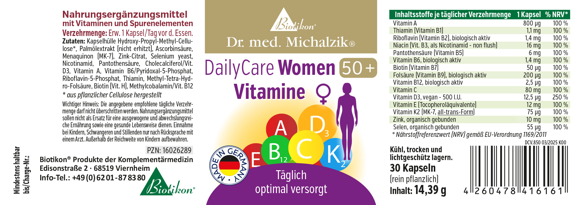 DailyCare Women 50+ Vitamin E, 30 Kapseln in blauer Verpackung, in der Seitenansicht.