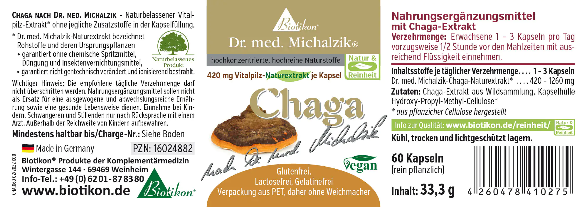 Chaga Pilz-Extrakt in Kapseln, 60 Stück, mit veganer Verpackung, farbige Abbildung der Kapseln und des Inhalts.