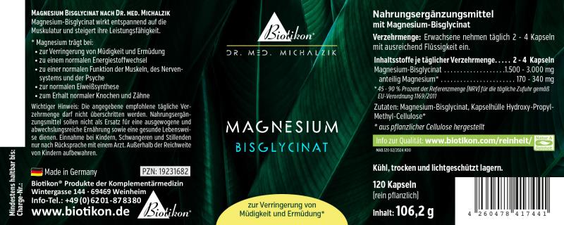 Magnesium Bisglycinat Kapseln in einer schwarzen Verpackung, 120 Stück, 310 mg pro Kapsel.