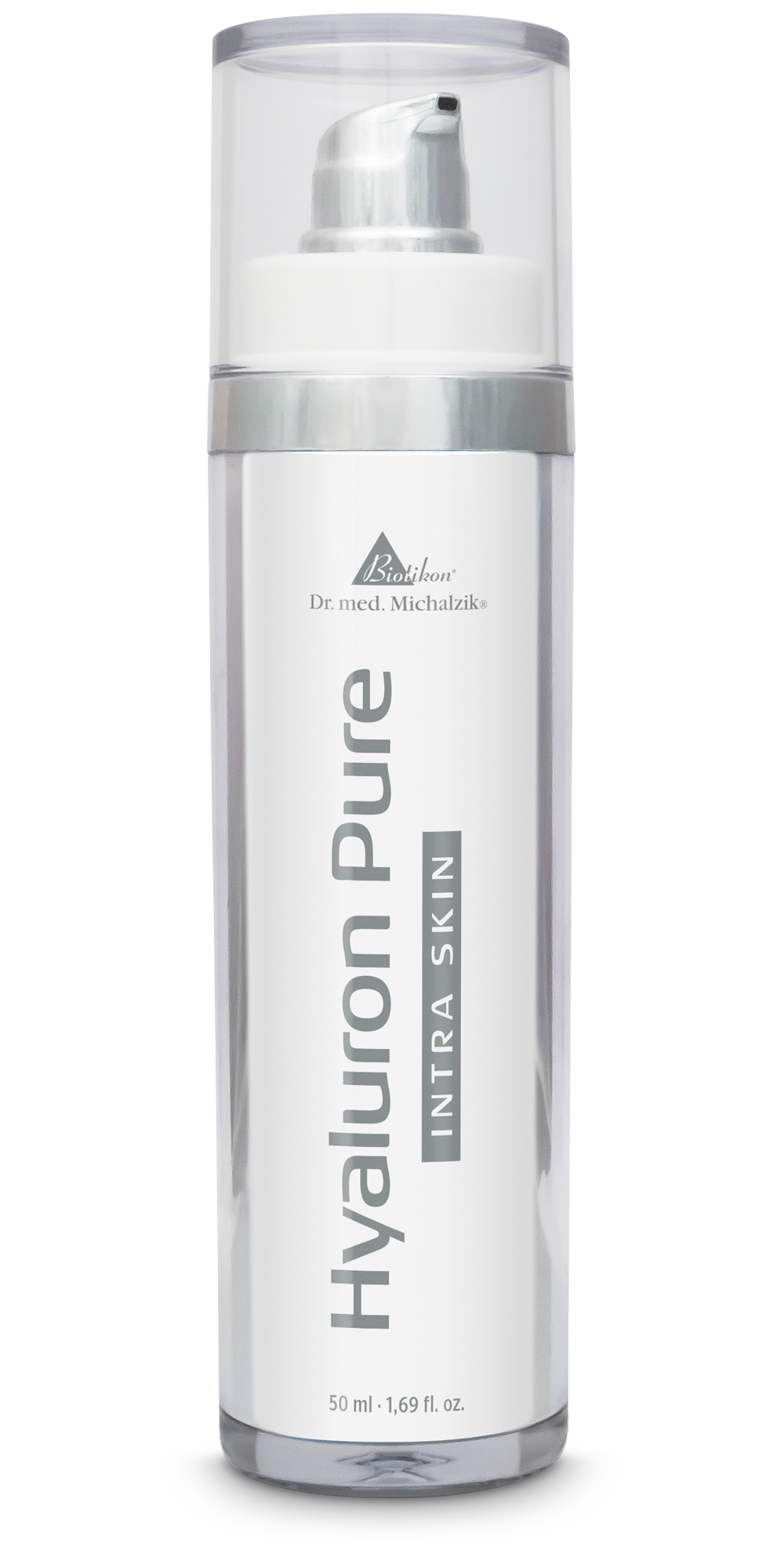 Hyaluron Pure in einer transparenten Pumpflasche, 50 ml, silberne Akzente, klare Sicht