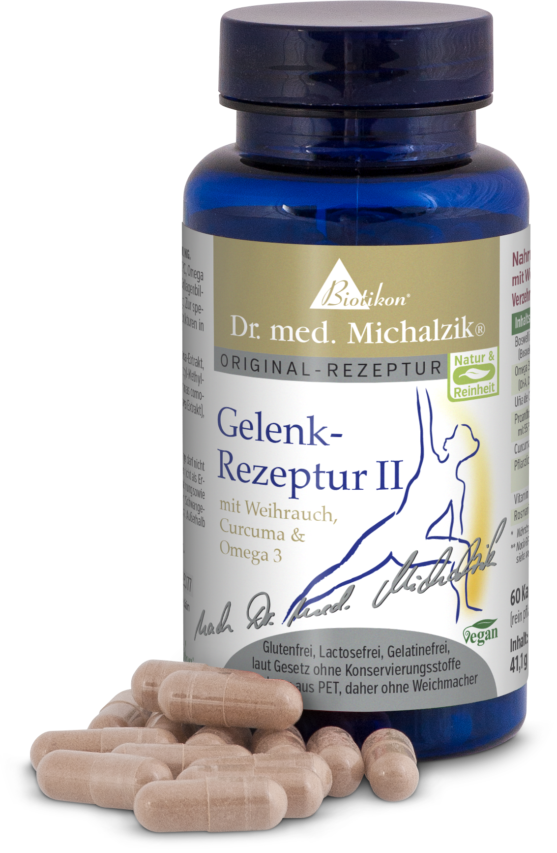 Gelenk-Rezeptur II von Biotikon, 60 vegane Kapseln in blauer Flasche, mit Weihrauch und Curcuma.