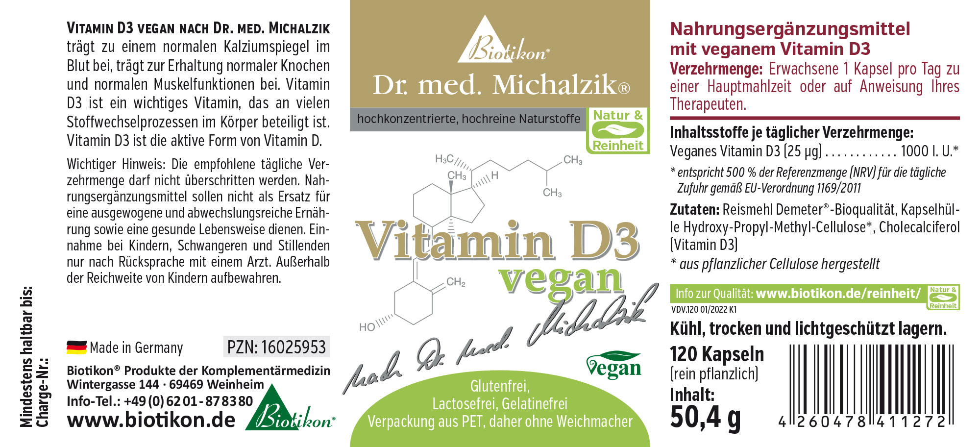 Veganes Vitamin D3 Nahrungsergänzungsmittel in PET-Verpackung, 120 Kapseln, grün/gold, Vorderansicht.