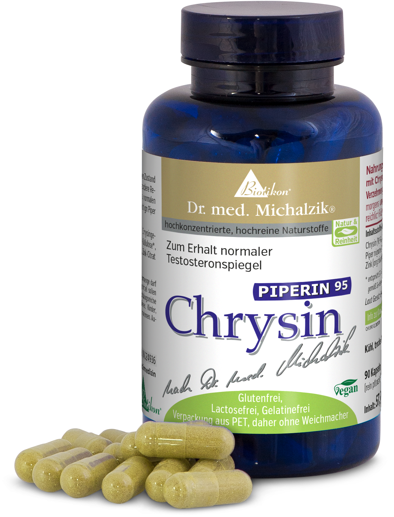 Blaues Fläschchen mit 90 Kapseln, gelblich, vegan, glutenfrei, auf weißem Hintergrund.