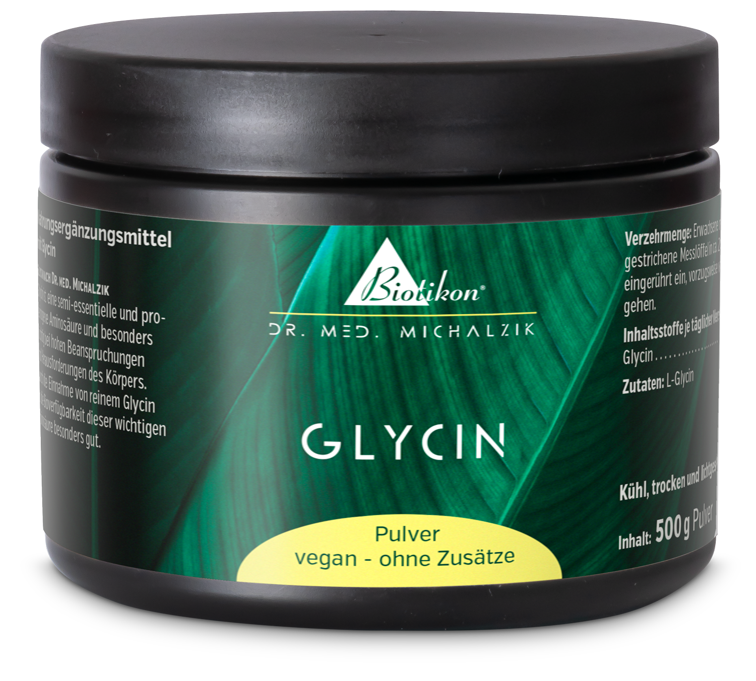 Glycin Pulver in schwarzer Dose, 500 g, vegan, ohne Zusatzstoffe.