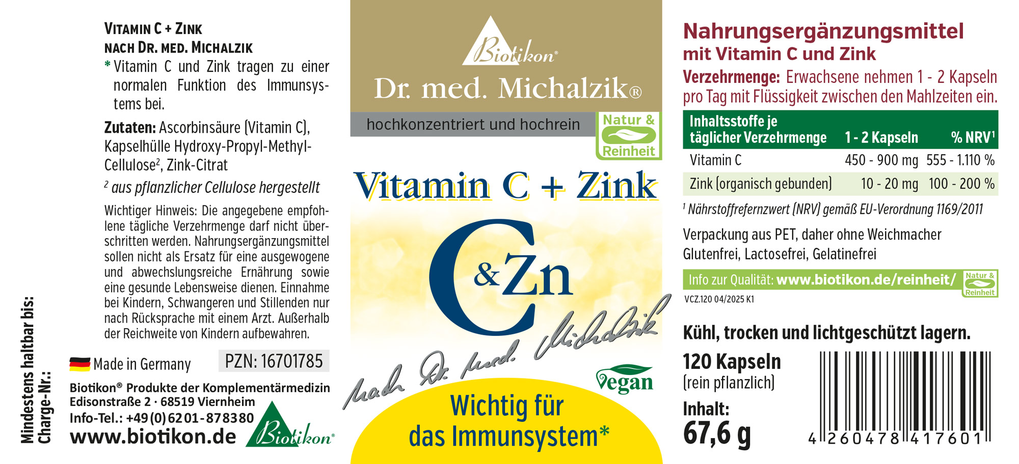 Nahrungsergänzungsmittel mit Vitamin C und Zink, 120 Kapseln in transparenter Verpackung, vegan, aus pflanzlicher Cellulose.