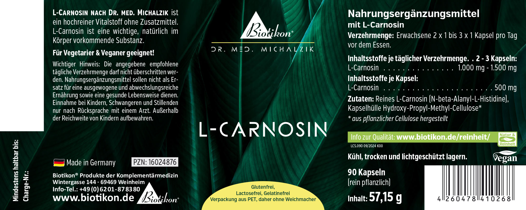 L-Carnosin Nahrungsergänzungsmittel, 90 vegane Kapseln, grüne Verpackung, Vorderansicht.