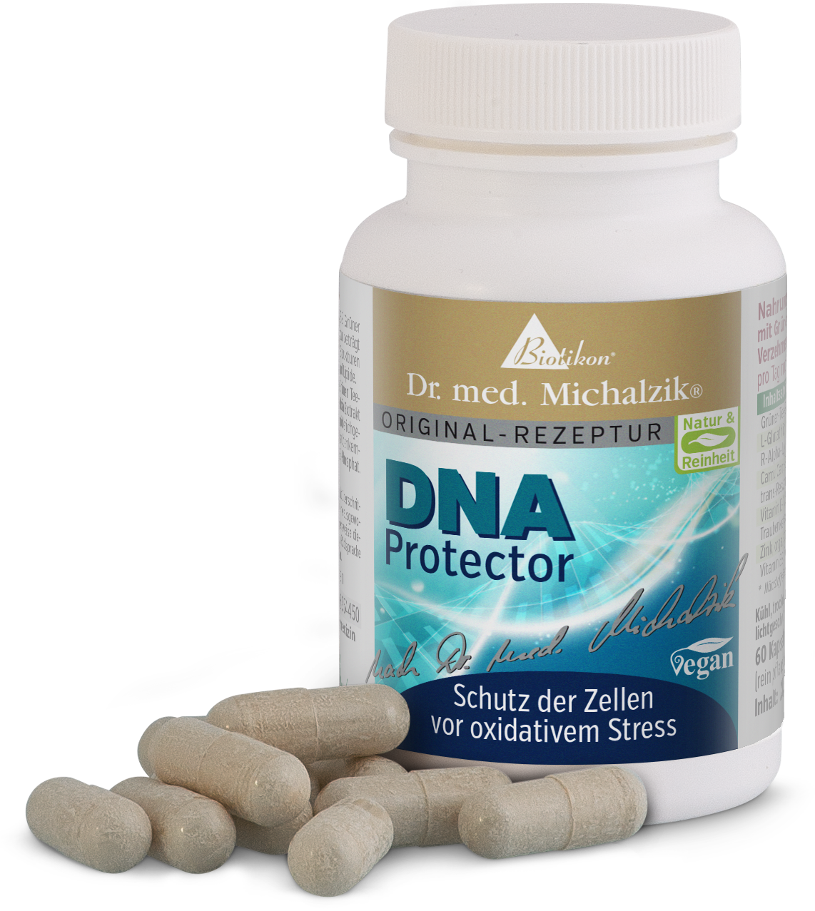 DNA Protector Kapseln, 60 Stück in weißer Flasche, vegan, seitlich sichtbar.