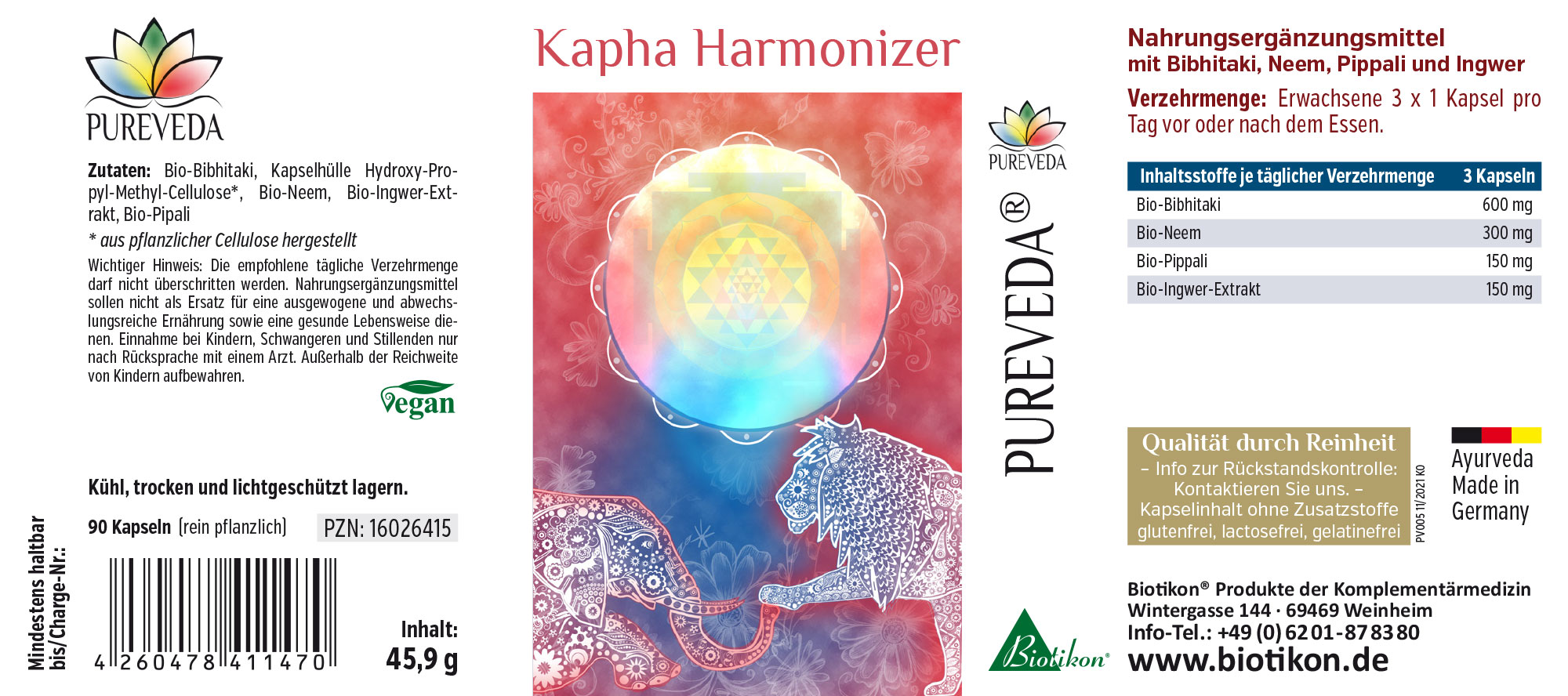 Nahrungsergänzungsmittel Kapha Harmonizer in einer Packung mit 90 veganen Kapseln, alles rein pflanzlich.