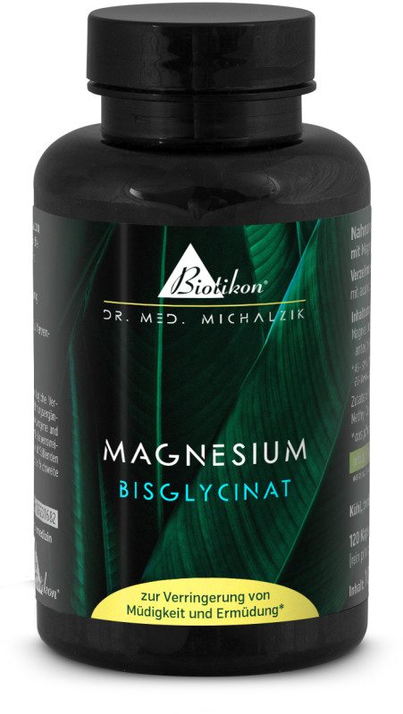 Schwarze Kapsel-Flasche mit Magnesium Bisglycinat, 120 Stück, grünliche Blätter als Hintergrund.