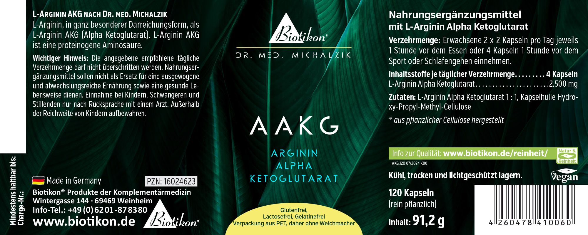 Nahrungsergänzungsmittel L-Arginin AKG in Kapseln, 120 Stück, grüne Verpackung, Vorderansicht