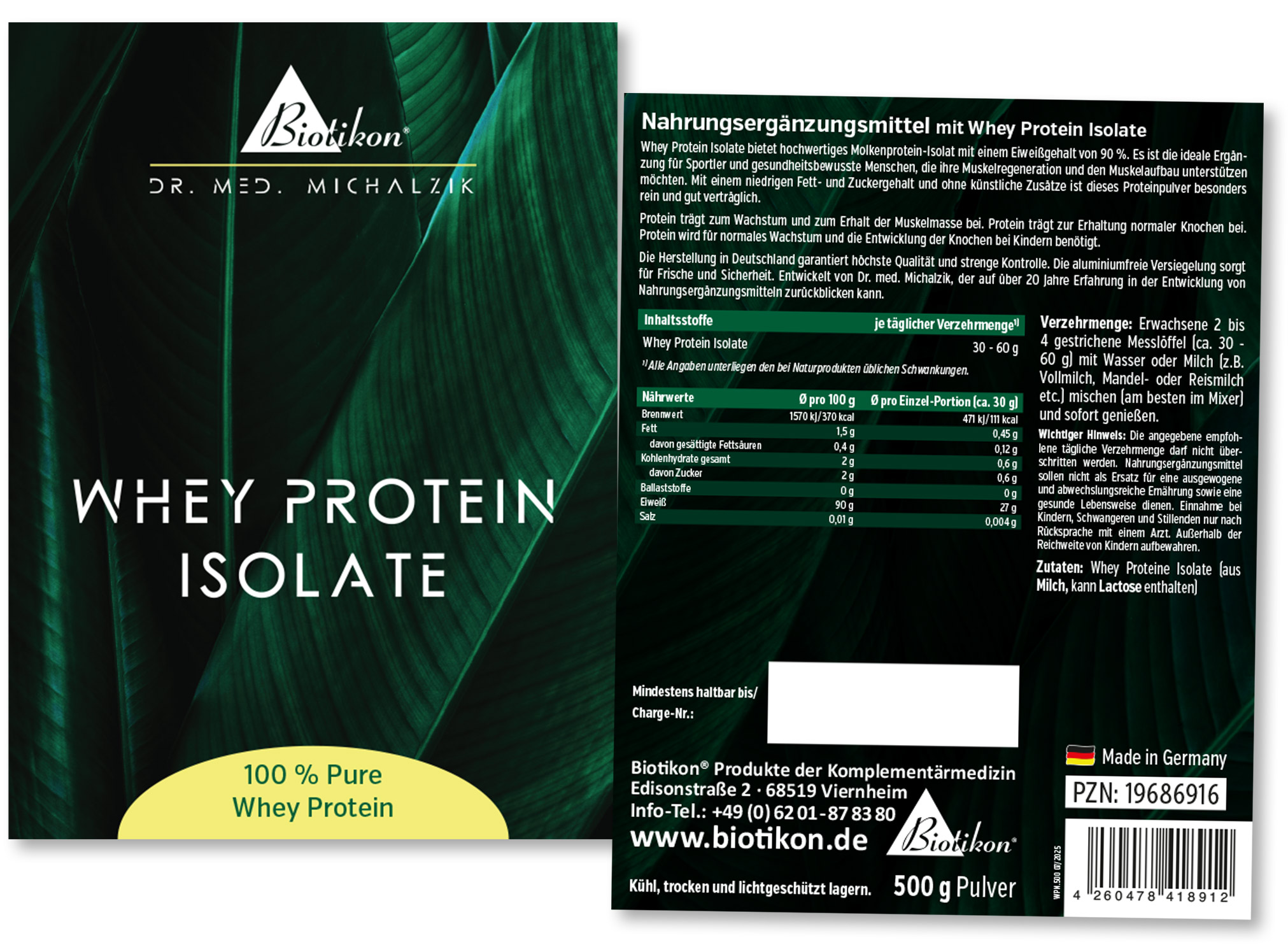 Whey Protein Isolate in einer 500 g Packung, Pulverform, grüne Verpackung mit weißen und gelben Elementen, Vorderansicht.